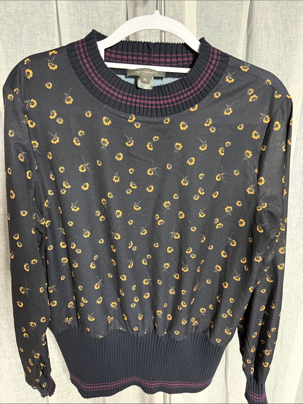 French Connection Black Sweater with Yellow Floral Print and Purple Trim 0131